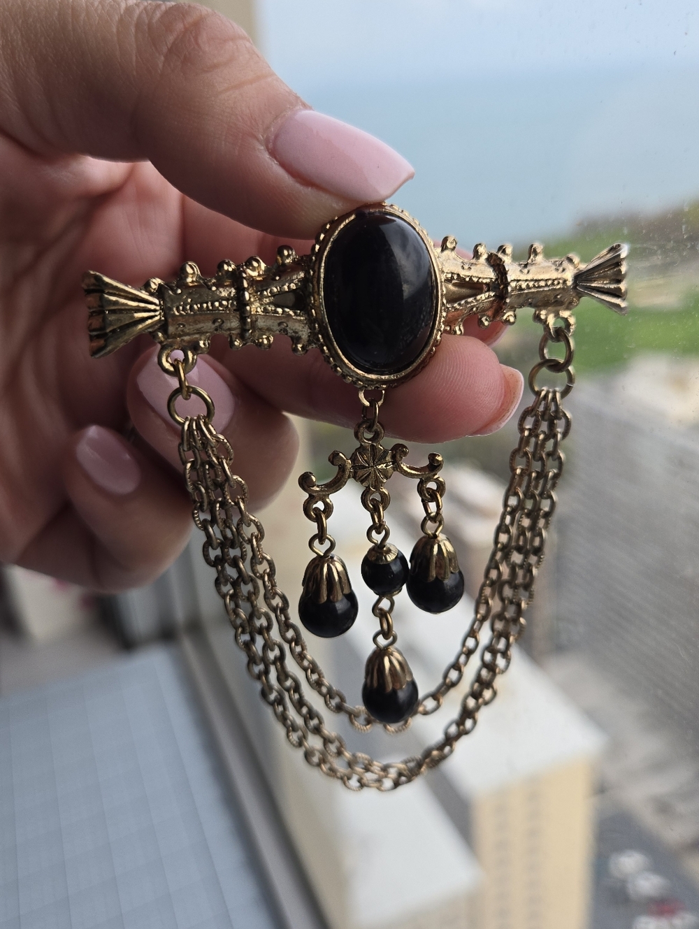 Vintage 1980s Edwardian Revival Dangle Brooch Black Cabochon Chain Tassel Gold